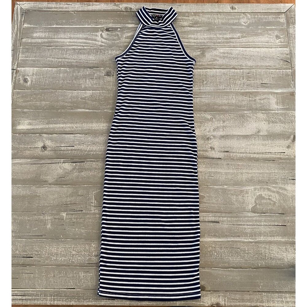 Love Ari Dress Size Medium Navy and White‎ Striped Stretchy Sleeveless Bodycon